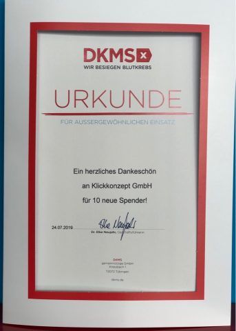 Urkunde der DKMS für besonderes Engagement von Klickkonzept.