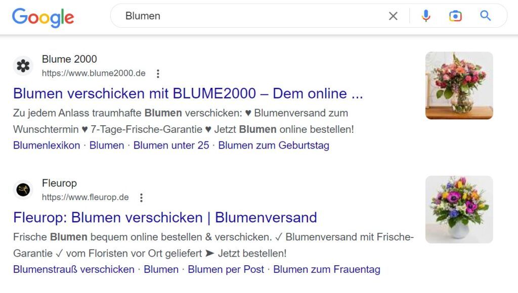Screenshot der Google-Suchergebnisseite für  Blume 2000  mit Anzeigen und organischen Einträgen, darunter ein prominentes Bild eines Blumenstraußes.