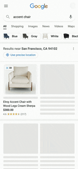Interaktive Darstellung einer Google Shopping AR-Anzeige mit einem Sessel in einem virtuellen Raum