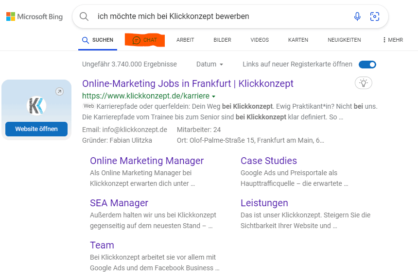 Screenshot der Suchergebnisseite mit Fokus auf Klickkonzept GmbH Eintrag, hervorgehoben durch Suchmaschinenranking.