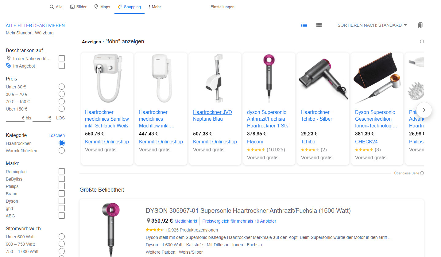 Produktübersicht mit verschiedenen Elektronikartikeln und Preisen für Google Shopping Tab auf Klickkonzept Webseite.