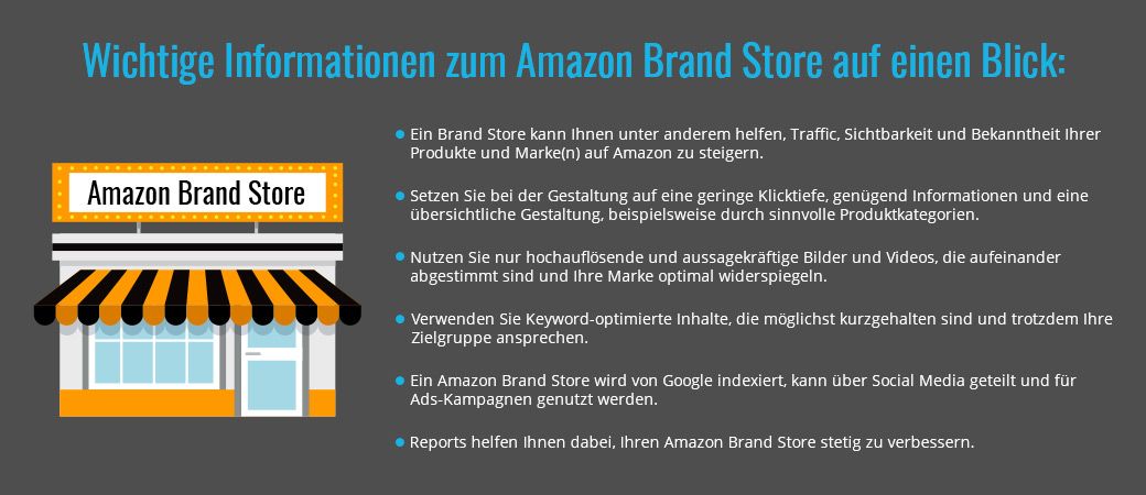 Informationsgrafik zum Amazon Brand Store mit Vorteilen wie Traffic, Sichtbarkeit und Bekanntheit, Tipps zur Steigerung der Kundeninteraktion und Markenpräsenz online.