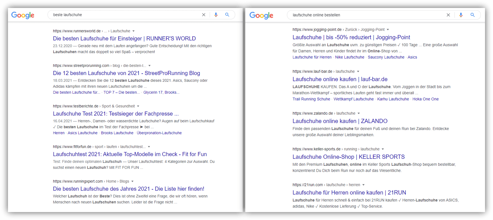 Google-Suchergebnisse im Vergleich