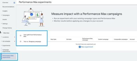 Übersicht der Performance Max Experimente im Google Ads Interface mit Fokus auf Testergebnisse für Shopping-Kampagnen.